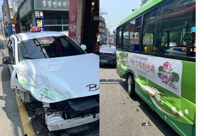 부산에서 택시와 마을버스가 부딪히는 사고가 발생해 버스 승객 11명이 경상을 입었다. 부산경찰청 제공