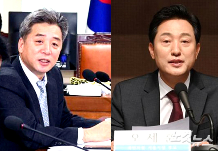 경만선 서울시의원(왼쪽)과 오세훈 서울시장 후보. 노컷뉴스
