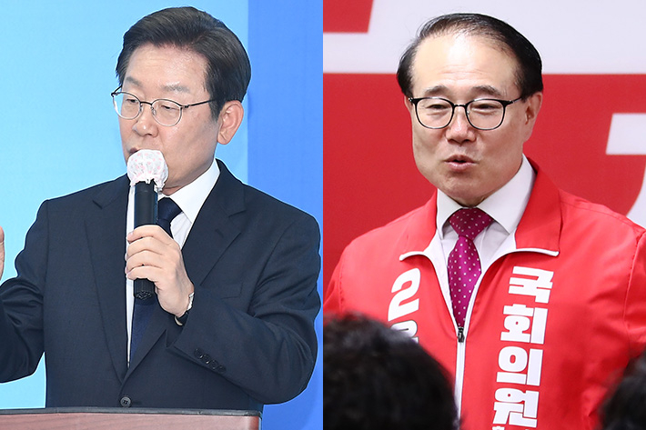더불어민주당 이재명 후보, 국민의힘 윤형선 후보. 연합뉴스