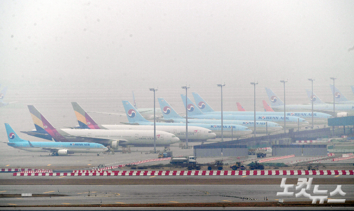 인천공항 전망대에서 바라본 대한항공, 아시아나 항공 여객기 모습.