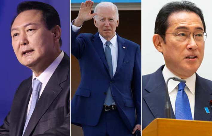 윤석열 대통령(왼쪽) 조 바이든 미국 대통령(가운데) 기시다 후미오 일본 총리(오른쪽). 연합뉴스