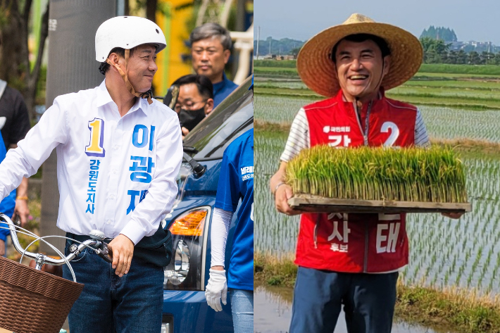 선거전이 종반으로 접어들고 있는 가운데 자전거 유세를 펼치며 시민들과 접촉도를 높이고 있는 이광재 더불어민주당 강원도지사 후보와 농촌일손돕기 등 민생체험 활동을 이어가고 있는 김진태 국민의힘 강원도지사 후보. 이광재-김진태 후보 제공 