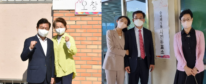 김병우 후보 부부(왼쪽)와 윤건영 후보 가족. 각 후보 캠프 제공