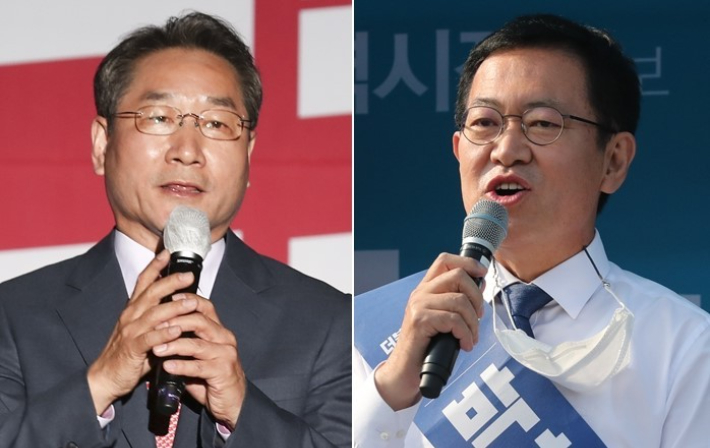 왼쪽부터 국민의힘 유정복 인천시장 후보와 더불어민주당 박남춘 인천시장 후보. 사진 연합뉴스