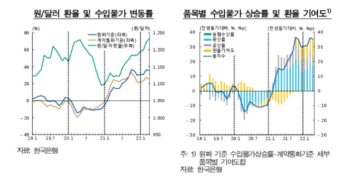 환율·수입물가 변동률, 품목별 수입물가 상승률과 환율 기여도. 한국은행 제공
