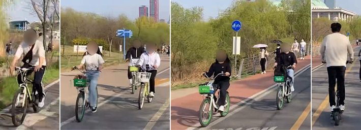 안전모를 착용하지 않은 자전거, 전동킥보드 운전자들. 눈 영상캡처