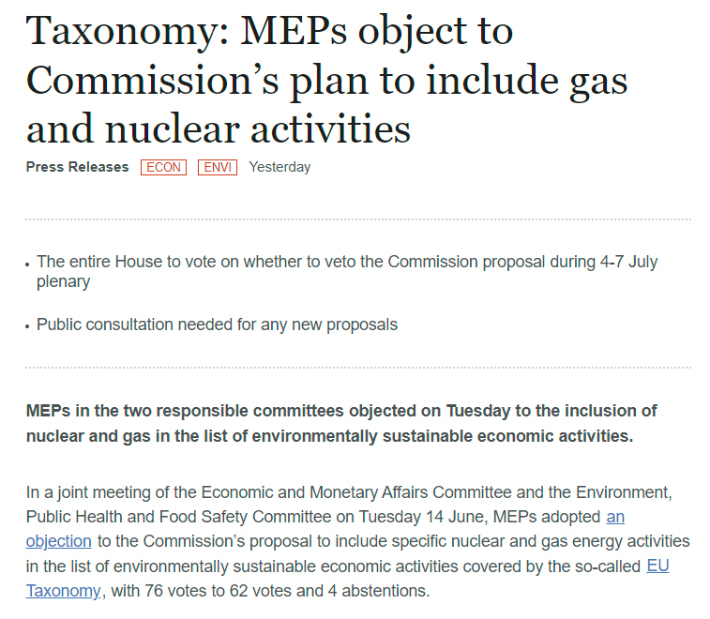 상임위에서 원자력과 천연가스의 택소노미 배제 결의안이 통과됐다고 알리는 유럽의회 공보자료. 유럽의회 웹페이지 캡쳐