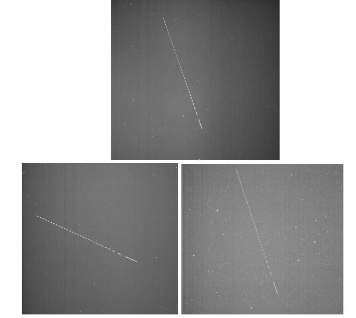 OWL-Net으로 관측한 누리호 우주 물체들. 누리호 발사체 3단(위쪽), 더미 위성(아래 좌측), 성능검증 위성(우측). 한국천문연구원 제공 