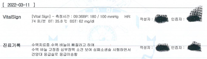 서씨가 의무실 진료 중 쓰러진 올해 3월 11일 교정당국이 기록한 진료기록부. 서씨 측 제공