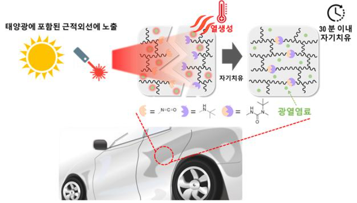 고분자 동적 화학결합 구조 및 광열염료를 포함하는 자동차용 친환경 보호용 코팅소재의 자가 치유 원리. 한국화학연구원 제공