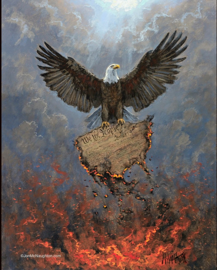 미국 작가 존 맥너튼의 작품 '자유의 비상'. 미국의 강함을 상징하는 흰머리 독수리가 불에타는 미국헌법을 움켜쥐고 비상하는 모습을 답았다. 미국 보수진영의 이념집회에 자주 등장하는 상징물이기도하다. jonmcnaughton.com 