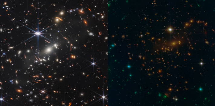 SMACS-0723 은하단의 제임스 웹 우주망원경과 허블 우주망원경의 비교 이미지. 왼쪽이 이번에 공개된 제임스 웹의 이미지. 미국항공우주국 제공