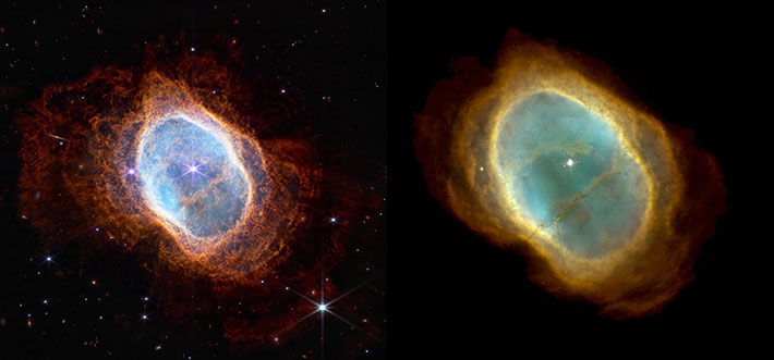 제임스 웹과 허블 우주망원경의 남쪽고리성운(Southern Ring Nebula, NGC 3132) 비교 이미지. 왼쪽이 이번에 공개된 제임스 웹 관측 이미지. 미국항공우주국 제공