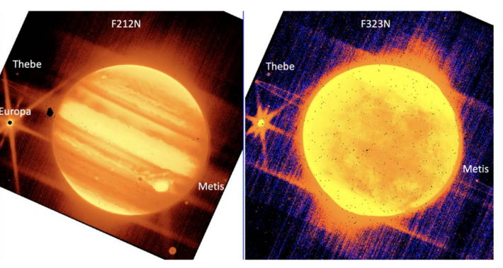 제임스 웹의 근적외선 카메라(NIRCam)으로 촬영한 이미지. 목성의 달 유로파와 데브, 메티스가 담겼고 목성의 고리도 포착됐다. 왼쪽은 2.12마이크로 단파장 필터로 촬영한 이미지, 오른쪽은 3.23 마이크로 장파장 필터로 촬영한 이미지. 미국 항공우주국 제공