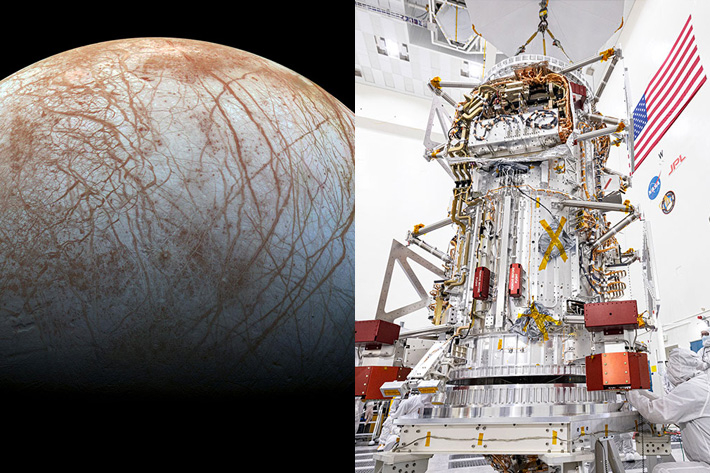 목성의 달 유로파(왼쪽), 탐사 우주선 유로파 클리퍼. 미국항공우주국 제공