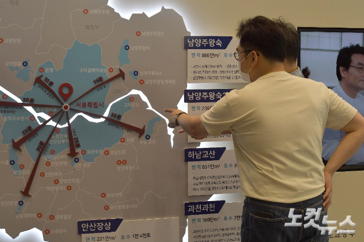 지난해 7월 서울 송파구 성남복정1위례지구 현장접수처에서 방문객들이 안내게시판을 확인하고 있다. 박종민 기자