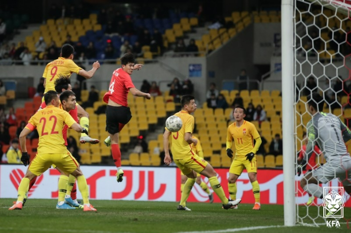 2019년 대회에서 중국과 경기에서 김민재가 골을 넣는 장면. 대한축구협회