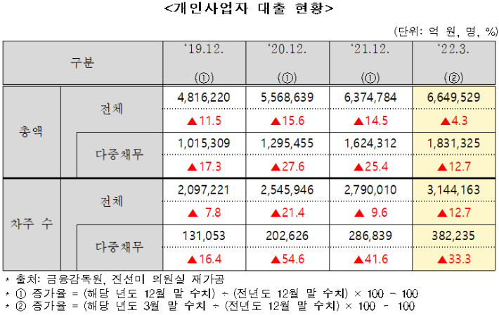 개인사업자 대출 현황. 더불어민주당 진선미 의원실 제공