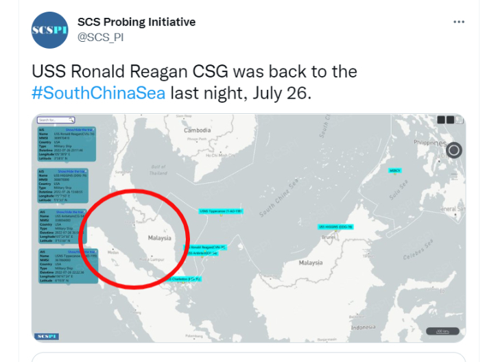 남중국해전략태세감지계획(SCSPI)이 27일 트위터를 통해 밝힌 로널드레이건호 항적. 해당 트위터 캡처