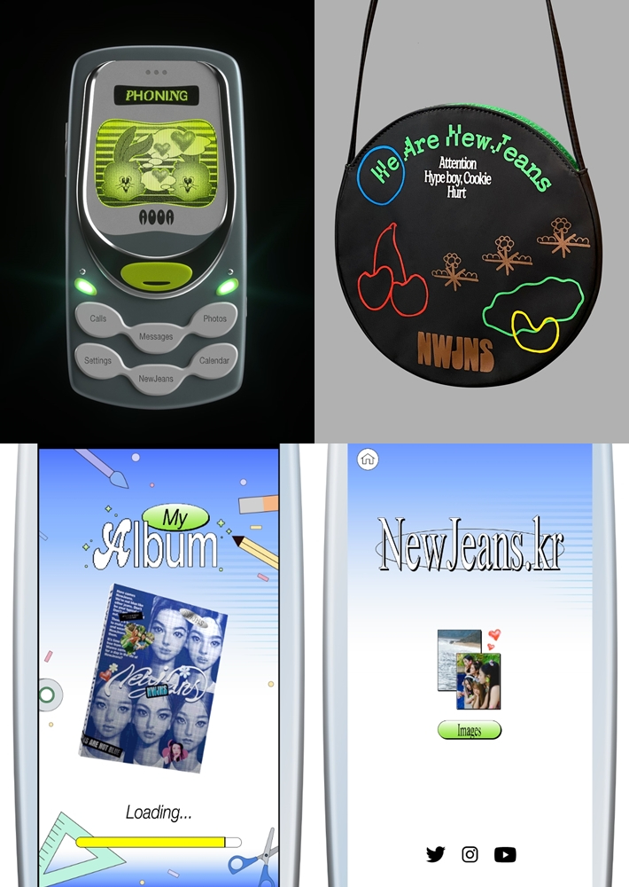 왼쪽부터 시계방향으로 뉴진스 전용 소통 애플리케이션 포닝, 데뷔 앨범 한정판 세트에 포함된 가방, 뉴진스 공식 홈페이지 화면