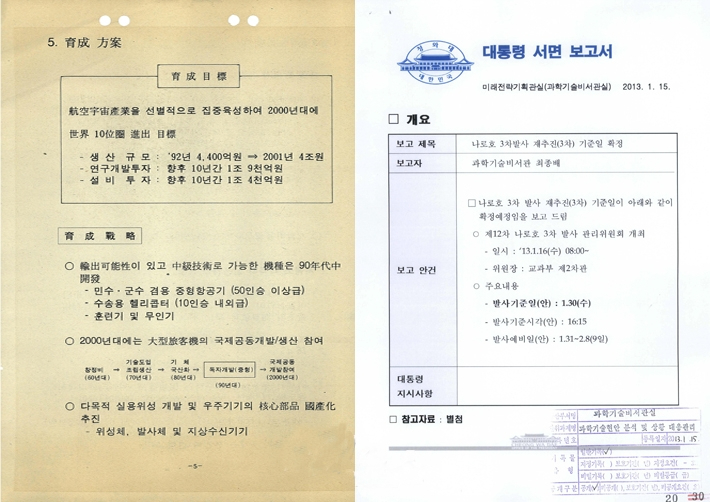 1993년 한국항공우주연구소의 '21세기에 대비한 항공주주사업의 육성방안'(왼쪽)과 2013년 청와대 과학기술비서관실의 '나로호 3차발사 재추진 기준일 확정' 보고서. 대통령기록관 제공