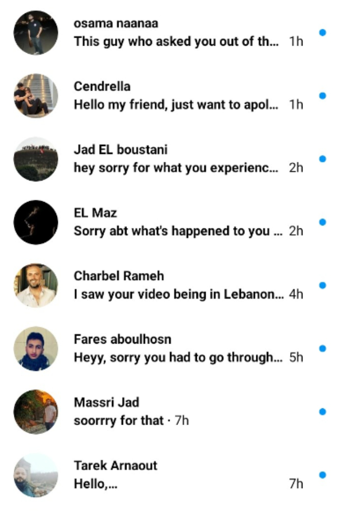 인종차별 영상이 레바논 현지에서 빠르게 퍼지자 한국인 여행객 sns에는 대신 사과하는 현지인들의 메시지가 잇따랐다. 본인 제보 
