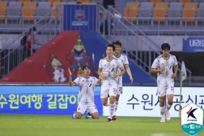 선제 결승골을 넣고 세리머니를 하는 전북 현대 송민규(왼쪽). 한국프로축구연맹