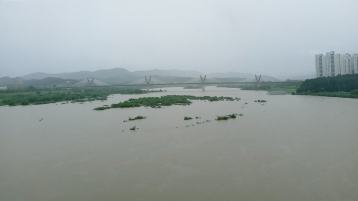 10일 오전부터 11일 새벽까지 세종시에 쏟아진 폭우로 시내를 관통하는 금강이 물바다로 변해 있다. 연합뉴스