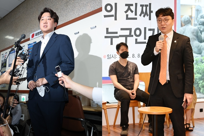 왼쪽부터 이준석 대표와 신인규 전 상근부대변인. 윤창원 기자·연합뉴스