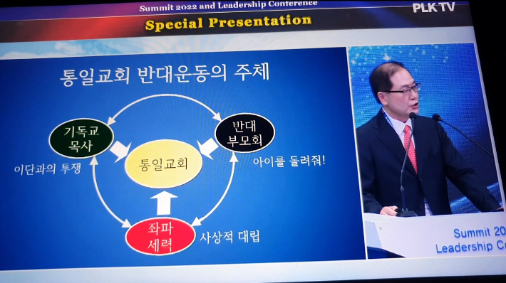 곤도 노리시게 세계가정연합 일본 법무국장이 통일교 반대운동의 주체를 설명하고 있다. (사진 = plk tv 유튜브 캡쳐)
