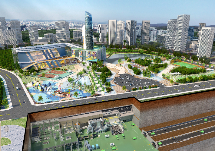 자원회수시설 도심지 입지 유형 조감도. 소각시설과 처리차량 전용통로를 지하에 별도 설치하고 지상에는 공원과 편익시설이 들어선다. 서울시 제공