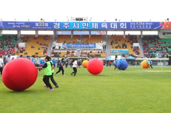 2018년 개최된 시민체육대회 필드경기 중 어르신 공굴리기 경기 모습. 경주시 제공