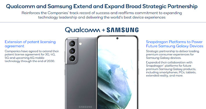 퀄컴은 지난달 실적발표 자료를 통해 갤럭시 스마트폰과 태블릿PC 등 삼성전자 갤럭시 제품의 스냅드래곤 탑재가 늘어날 것이라고 밝혔다. 퀄컴 제공
