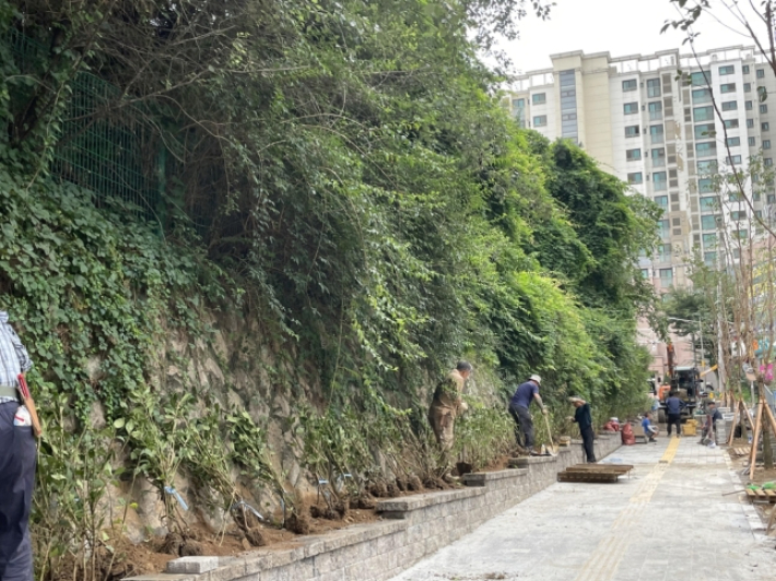 경기 성남시의 한 학교를 둘러싸고 있는 석축. 독자 제공