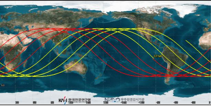 중국의 창정 5B호 로켓 잔해 낙하 예측 궤도. 과학기술정보통신부 제공