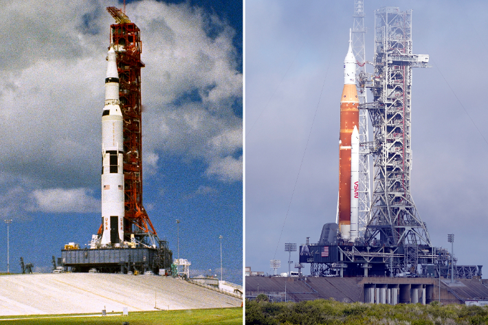 1969년 케네디 우주센터 발사대에 기립된 아폴로12호와 새턴V로켓(왼쪽), 오른쪽은 같은 우주센터의 발사대에 기립된 오리온 우주선과 SLS(SPACE LAUNCH SYSTEM)로켓. 연합뉴스