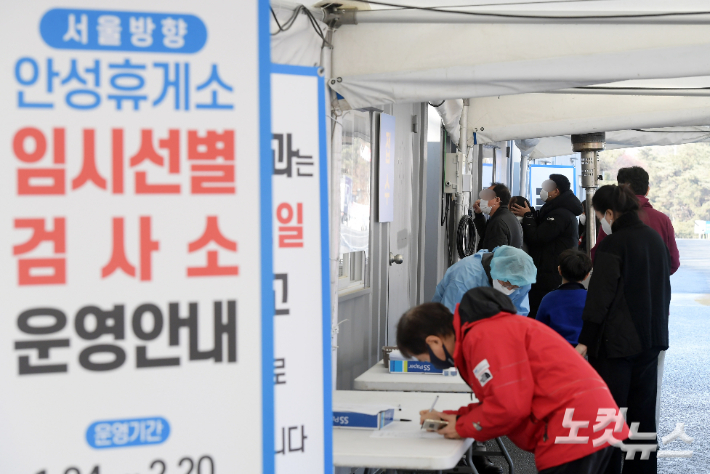 지난 설 명절을 앞두고 경기도 고속도로 안성휴게소(서울방향)에 마련된 코로나19 임시선별진료소에서 시민들이 검사를 받고 있다. 