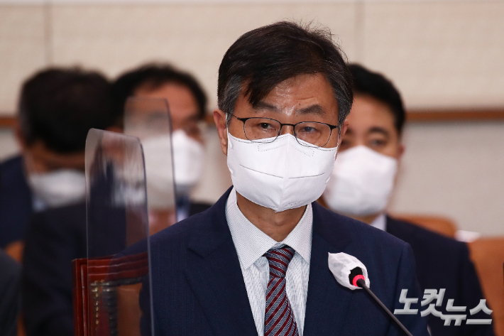 Choi Jae-hee, Presidente do Conselho de Auditoria e Inspeção, responde a perguntas de legisladores na sessão plenária do Comitê Legislativo e Judiciário realizada na Assembleia Nacional em Yeouido, Seul, no dia 29 do mês passado.  Repórter Yoon Chang-won