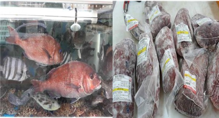 부산시 특별사법경찰과는 추석 연휴를 앞두고 관광지 주변 횟집, 고깃집과 제사음식 등 명절 성수 식품을 판매하는 반찬가게와 식육점 등 120여 곳을 대상으로 원산지 표시위반 등의 불법행위 기획 수사를 실시한 결과, 총 19곳의 위반업체를 적발했다. 왼쪽부터 업소 내 수족관에 보관 중인 '일본산 참돔', 업소 내 냉동고에 보관 중인 유통기한 경과 제품 부산시 제공 