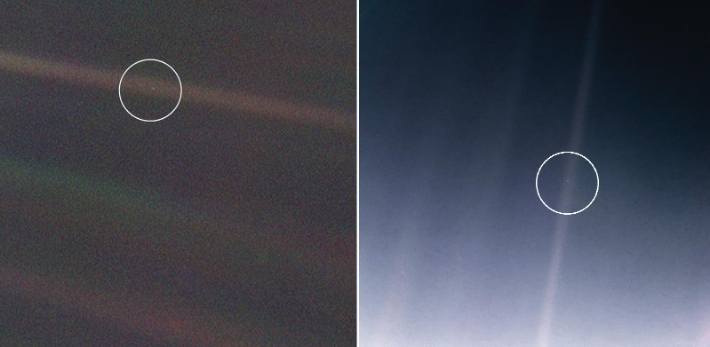 보이저 1호가 60억km 밖에서 지구를 촬영한 'Pale Blue Dot' 이미지. 오른쪽은 현대 기술로 리마스터링한 이미지. 나사 제공