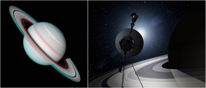 보이저 2호가 촬영한 토성 이미지. 오른쪽은 토성을 지나는 보이저 2호 상상도. 나사 제공