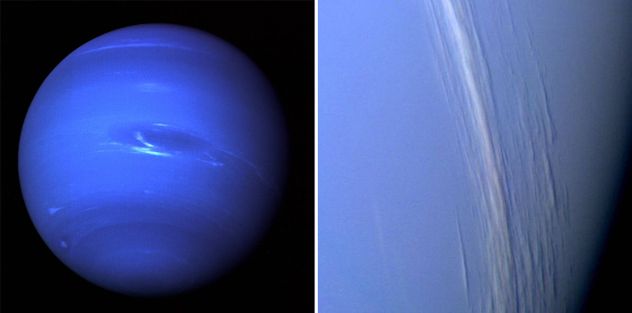 보이저 2호가 촬영한 해왕성의 모습(왼쪽), 오른쪽은 해왕성에 근접해 촬영한 이미지. 나사 제공