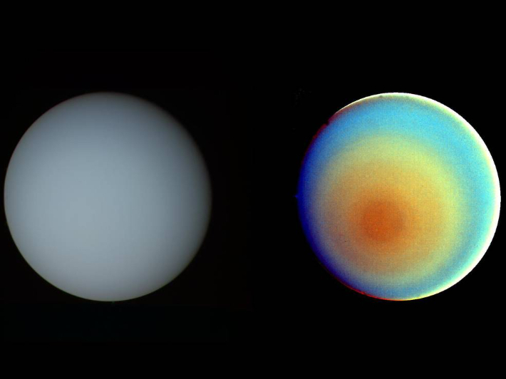 보이저 2호가 촬영한 천왕성의 모습. 왼쪽이 실제 컬러의 이미지고 오른쪽은 협각 카메라로 담은 적외선 이미지. 나사 제공