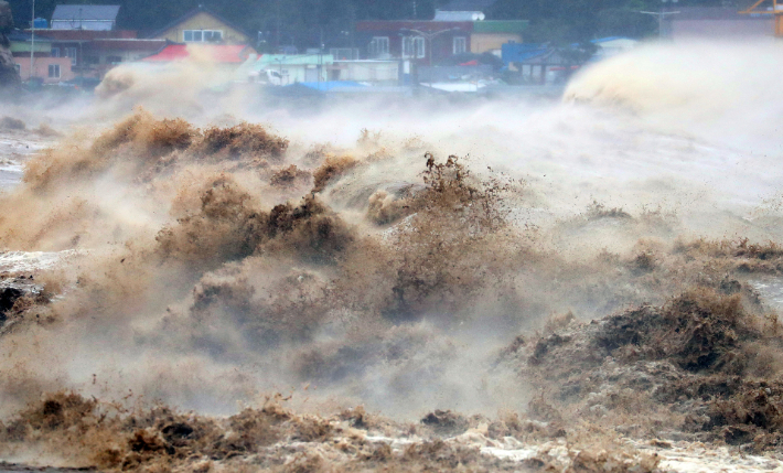 태풍 '힌남노'의 위력으로 거세진 파도가 지난 6일 오전 경북 포항시 남구 양포항 바닷가를 덮치고 있다. 연합뉴스