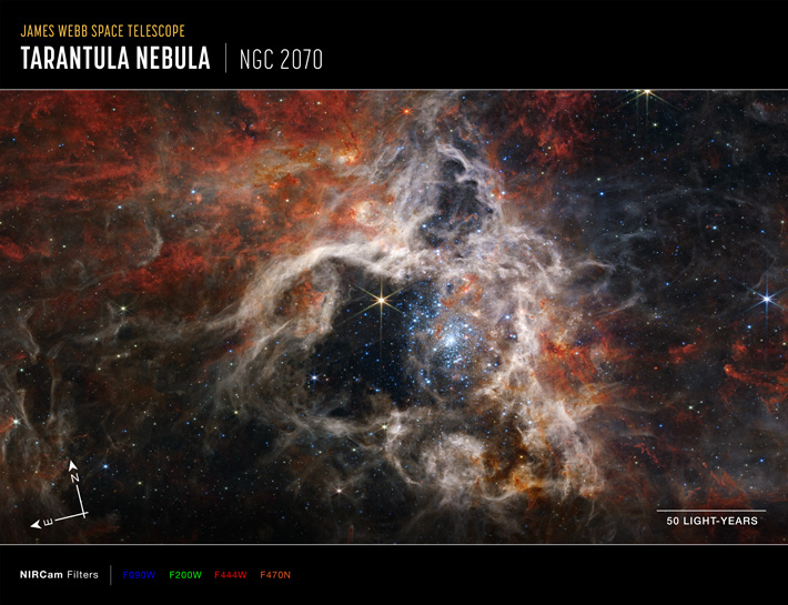 제임스 웹의 근적외선 카메라(NIRCam)으로 촬영한 타란툴라(독거미) 성운. NASA, ESA, CSA, STScI, Webb ERO Production Team