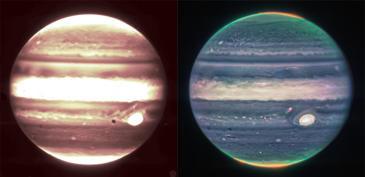 제임스 웹으로 촬영한 목성의 모습. 왼쪽은 커미셔닝 이미지, 오른쪽은 이번에 공개된 주디 슈미트의 이미지 프로세싱을 거친 목성의 이미지. NASA, ESA, CSA, and B. Holler and J. Stansberry (STScI), Jupiter ERS Team; image processing by Judy Schmidt.