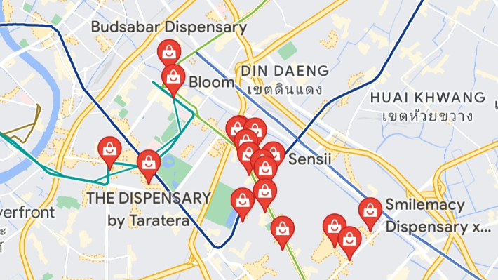 태국 방콕 지도에서 'cannabis(대마)'를 검색하면 나오는 상점들