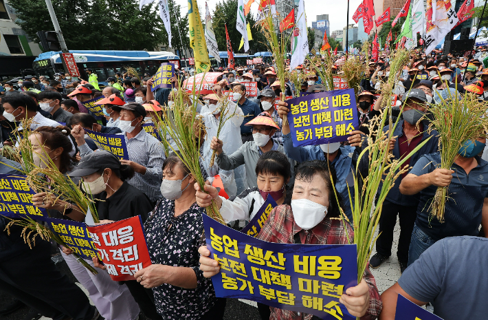 29일 오후 서울역 앞 한강대로에서 열린 농민 총궐기 대회에서 참가자들이 쌀값 안정대책 마련을 촉구하고 있다. 연합뉴스