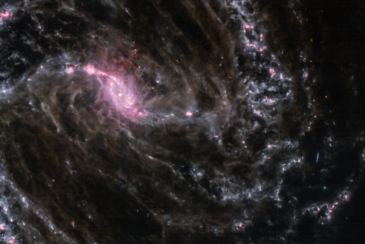 제임스 웹이 중적외선 기기(MIRI)로 관측한 데이터를 통해 이미지 프로세싱을 거쳐 얻은 NGC1365 이미지. 주디 슈미트 박사가 플리커에 공유했다. NASA / ESA / CSA / Judy Schmidt