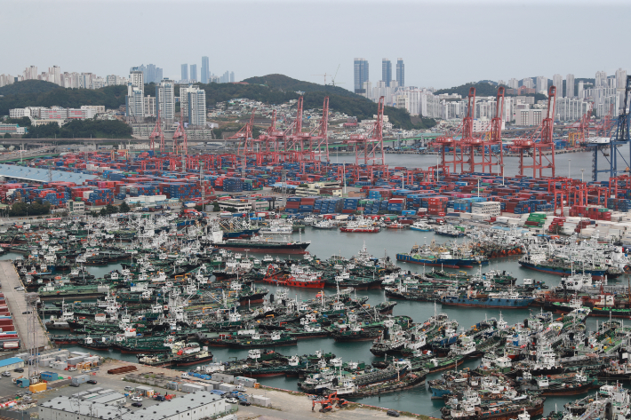 태풍 난마돌이 북상중인 18일 오후 부산항 5부두가 대피한 선박들로 가득하다. 연합뉴스